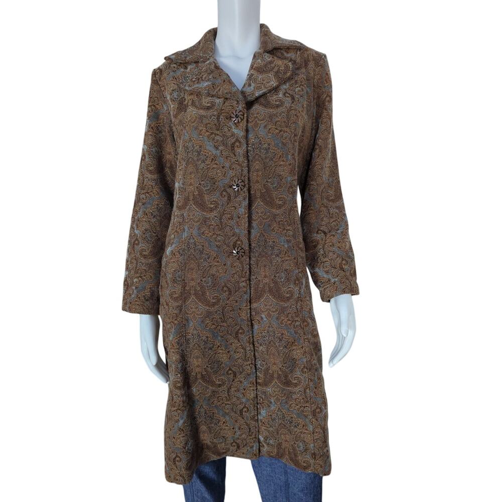 Flashback Blue Brown Full Length Paisley Tapestry Button Up Jacket Womens Size S